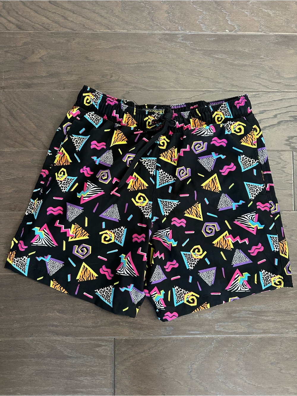 Surf Society Men’s Medium Retro Geometric Black Swim Shorts with Neon Print
